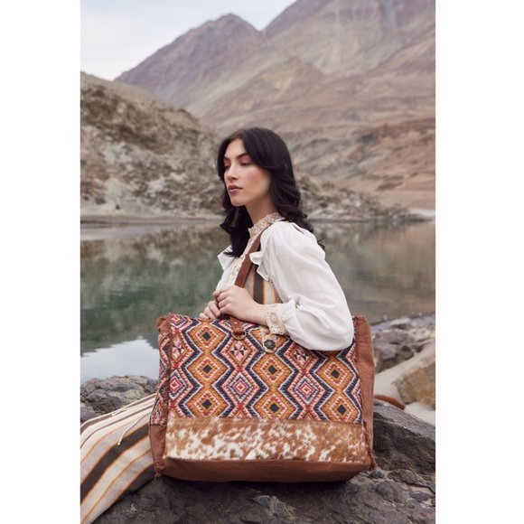 Myra Bag Handbags - Myra Bag Upcycled Geometric Canvas & Cowhide Leather Weekender Bag